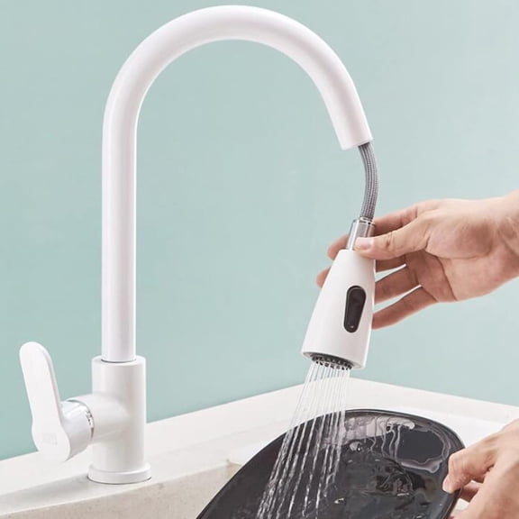 Pull Out Kitchen Faucet Brass 360 Rotation Hot and Cold Water Multi-Function Kitchen Mixer Faucet White-B