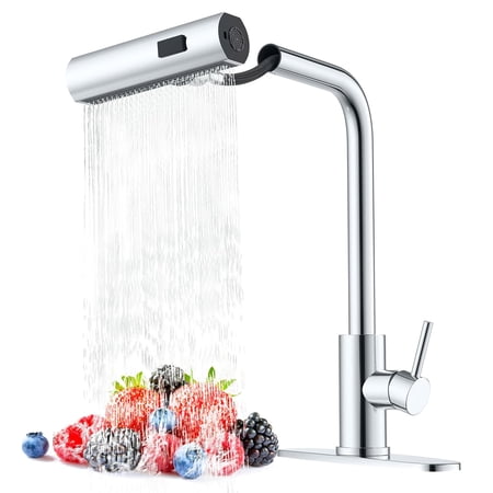 Waterfall Kitchen Faucets with Pull Down Sprayer & Soap Dispenser in Chrome, Single Hole, Single Handle, Pull Out Tap, Stainless Steel Sink Faucet, Suitable for Farmhouse Camper Laundry Rv Bar