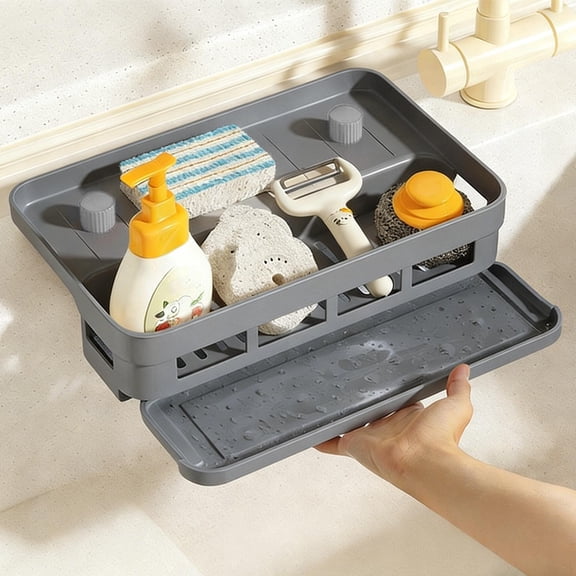 Pull Out Kitchen Sink Storage Rack - Self-Draining Sponge Tray with Towel Rod, Plastic Organizer for Brushes & Soap, 10x6.5in, Beige or Gray
