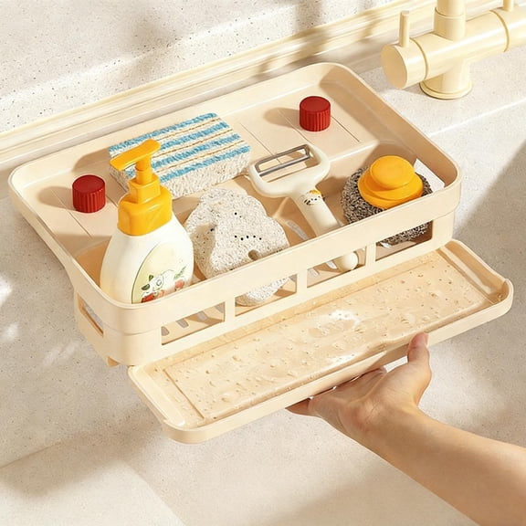 Pull Out Kitchen Sink Storage Rack - Self-Draining Sponge Tray with Towel Rod, Plastic Organizer for Brushes & Soap, 10x6.5in, Beige or Gray