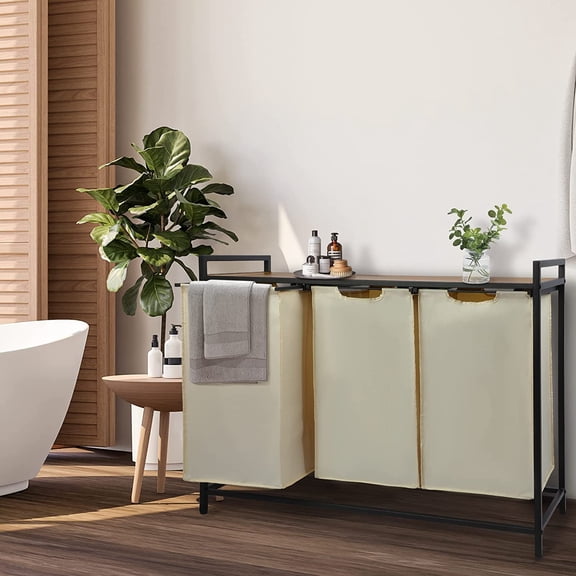 Pull Out Laundry Hamper 3 Compartment Laundry Sorter with Shelf