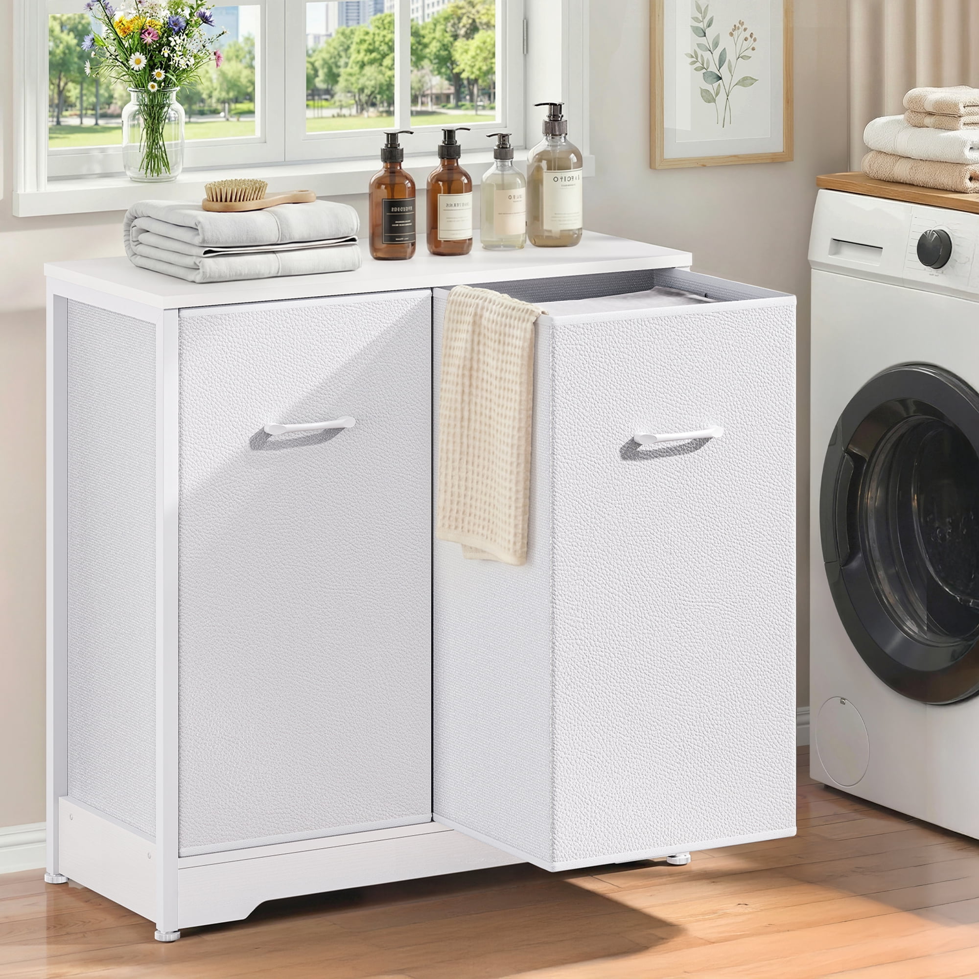 Pull-Out Laundry Sorter Cabinet With Removable Bags, 140L (2x70L) Laundry Hamper With Sturdy Frame & No-Sag Bags For Organized Bedroom, Bathroom, Laundry Room