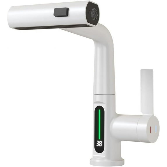Pull-Out Lift LED Temperature Digital Display Bathroom Basin Faucet, Single Handle 360° Rotatable Waterfall 3-in-1 Basin Tap with Adjustable Height
