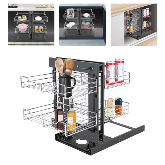 Pull Out Organizer, 2-Tier Pull-Out Basket, Heavy Duty Kitchen Corner Cabinet Organizer