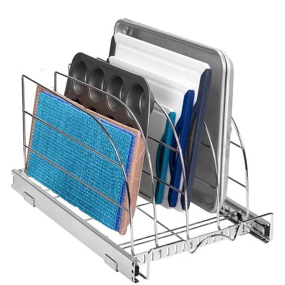 HOLDN’ STORAGE Pull Out Organizer for Bakeware, Cutting Board and Trays, Adjustable Dividers, Heavy Duty, Lifetime Limited Warranty - For Narrow Cabinet Spaces, 11.5”W x 21”D x 11”H, Chrome