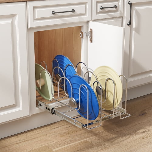 Pull Out Pan and Pot Lid Organizer for Cabinet, Holds Up to 18 Lids, 11"W x 21"L Chrome Steel Rack