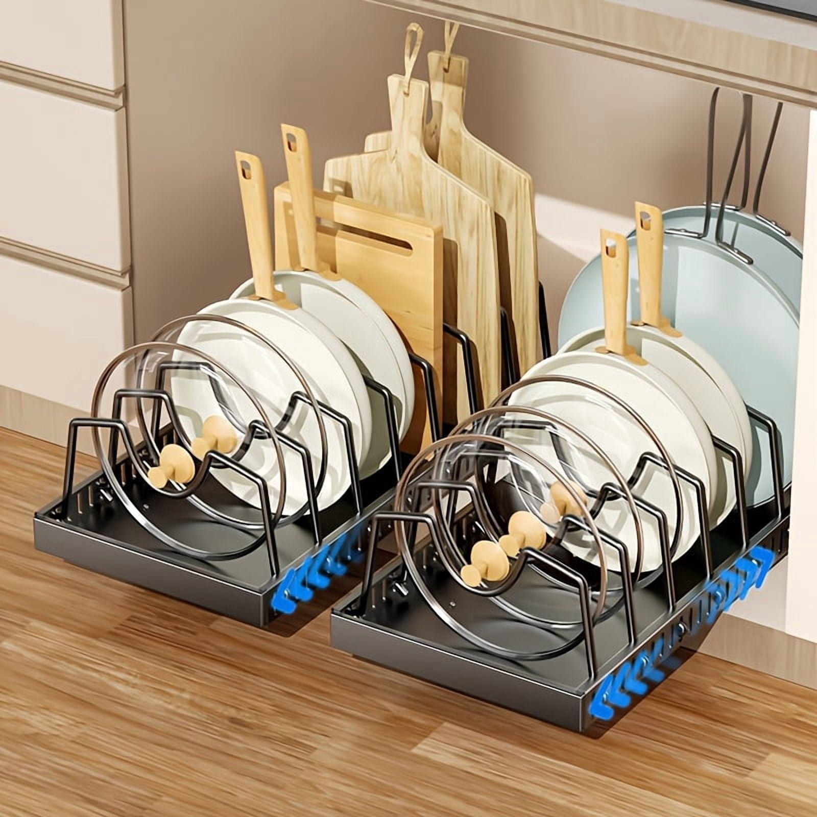 Pull-Out Pot Pan Storage Box, Sliding Lid Rack with Adjustable Dividers ...