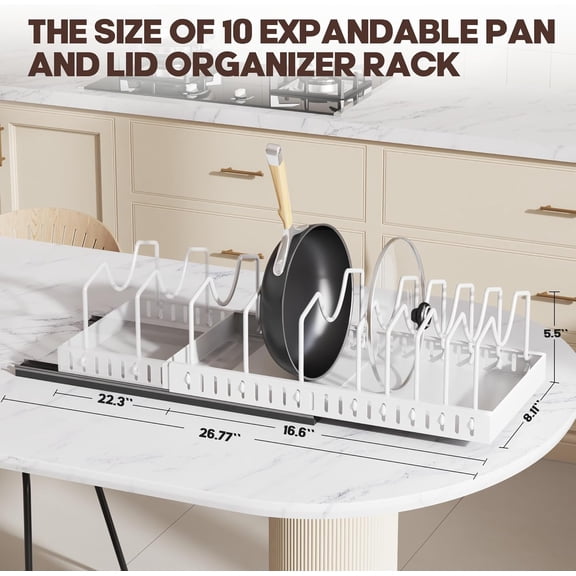 Pull Out Pots and Pans Organizer Under Cabinet, Expandable Sliding Lid Holder with 10 Adjustable Dividers for Kitchen Storage - 2 Pack White