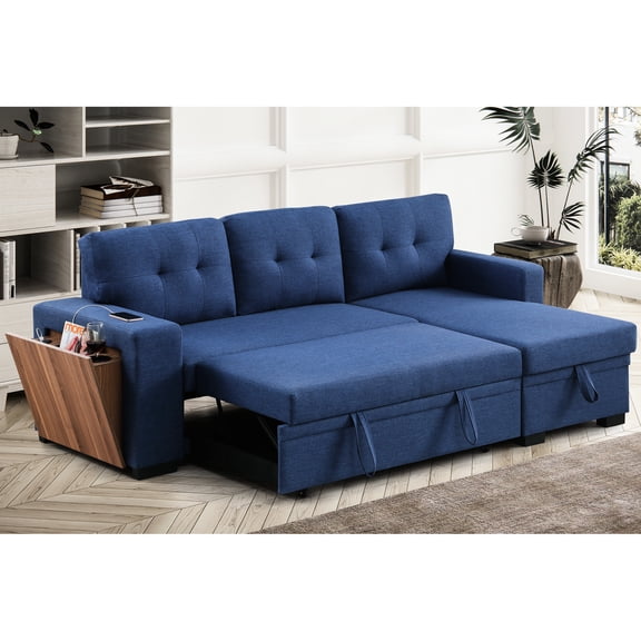 Pull - Out Sectional in Blue Linen Material / Stylish Addition to Living Space