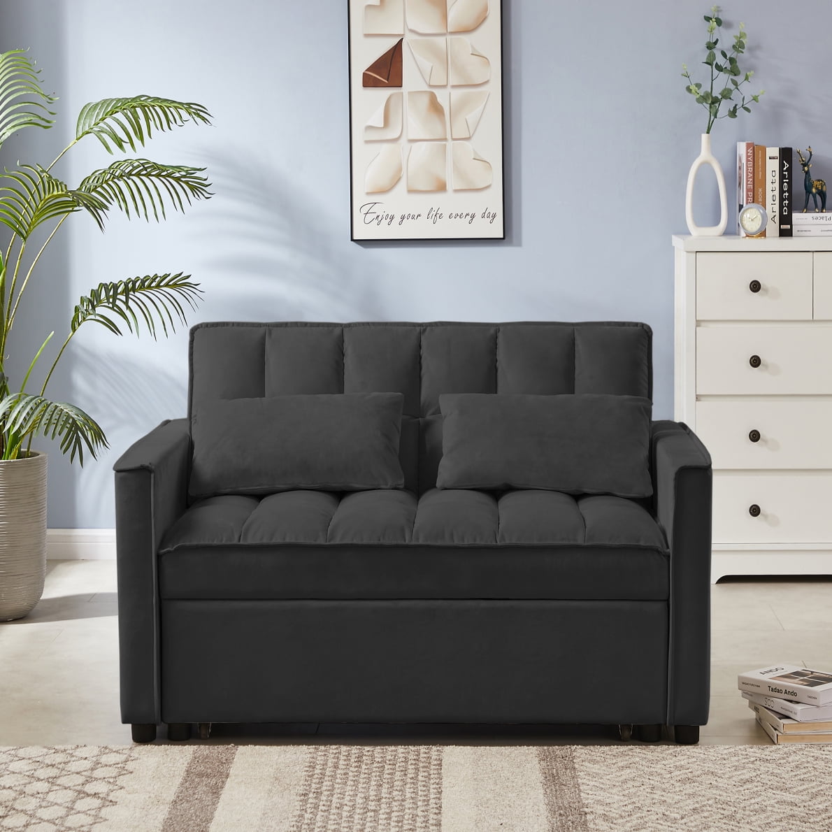 Pull Out Sleeper Couch Bed with Adjustable Backrest and 2 Lumbar