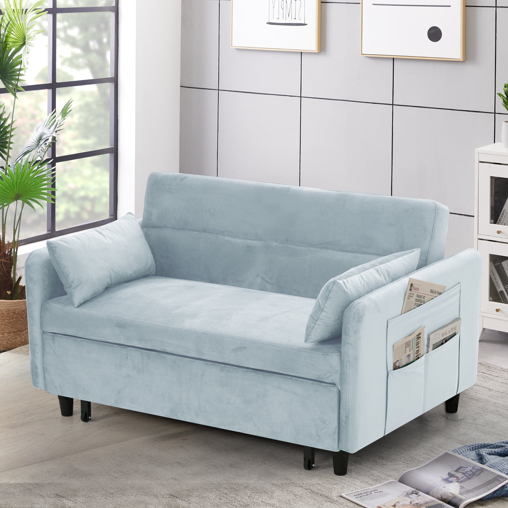 Pull Out Sofa Bed with 2 Pillows & Storage Side Pocket, Velvet Sleeper ...