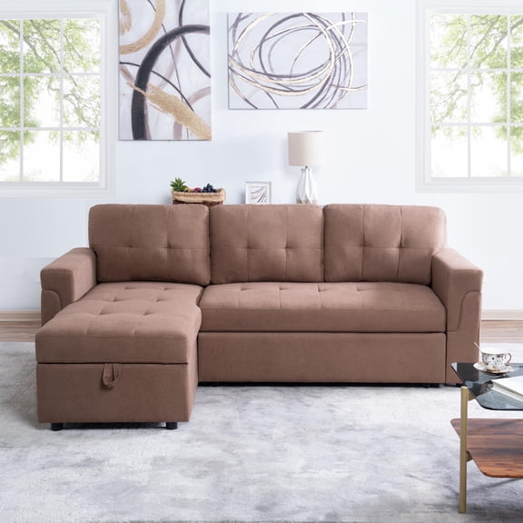 78 in. W Convertible Sleeper Sectional Sofa, L Shaped Couch for Small Space Living Room, Storage Chaise, L Shaped Pull Out Sofa -Color:Mocha,Fabric:Velvet