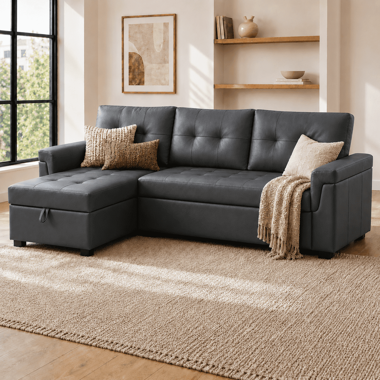 2-in-1 Pull-Out Sleeper Sofa Bed with Hidden Storage, Premium Air Leather Couch for Small Spaces, Apartments & Living Rooms, Dark Gray