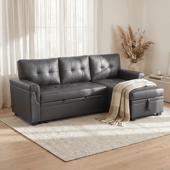 Naomi Home Laura Air leather Sleeper Sectional Sofa with Pull-Out Bed, Reversible Storage Chaise, Space-Saving Convertible Couch for Living Room, Dark Gray, Air Leather