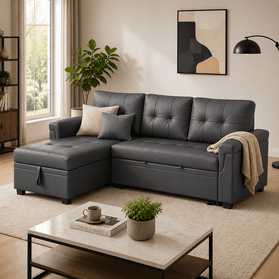 Naomi Home Laura Air leather Sleeper Sectional Sofa with Pull-Out Bed, Reversible Storage Chaise, Space-Saving Convertible Couch for Living Room, Dark Gray, Air Leather
