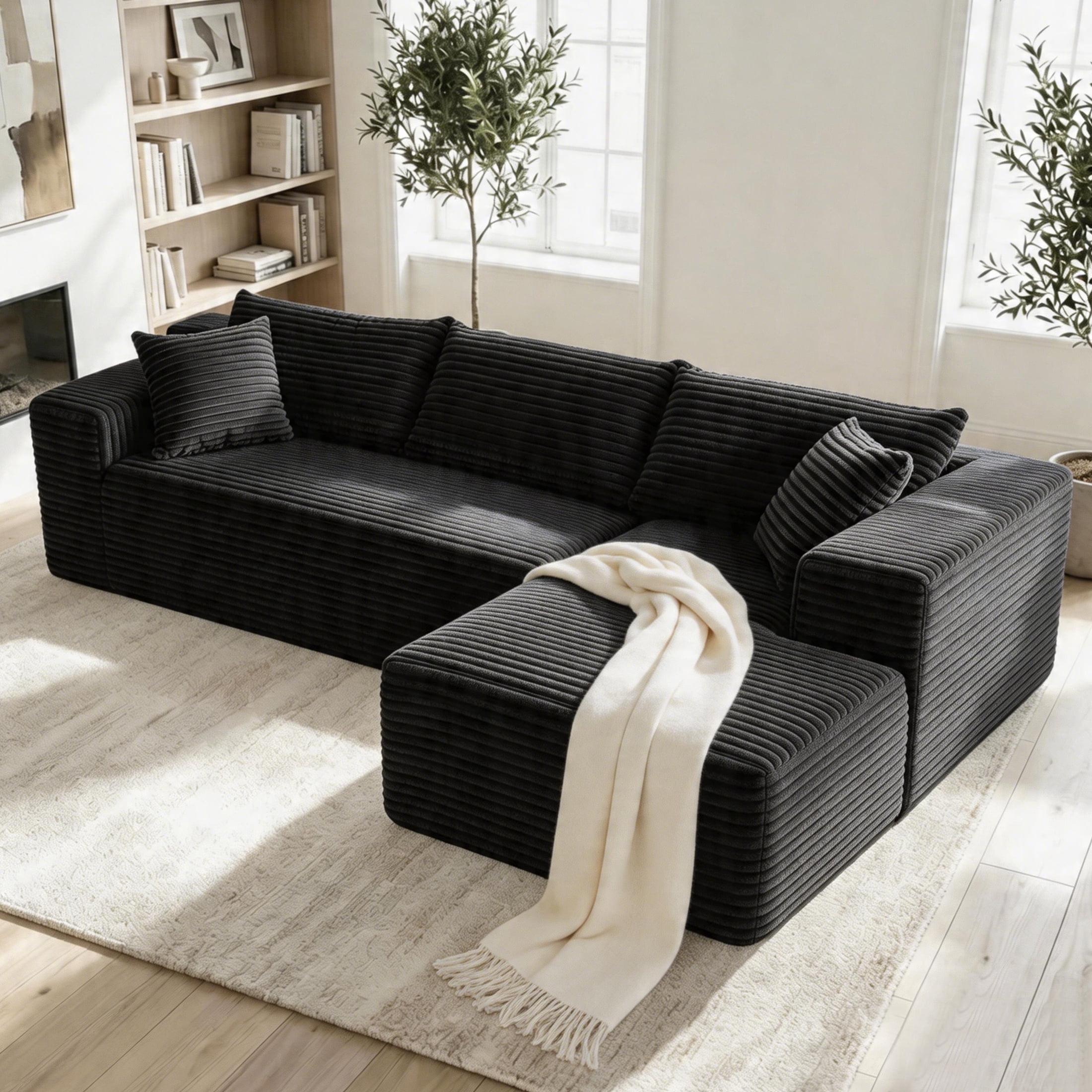 Xiweot 103" Cloud Sectional Couch for Living Room, Memory Foam Sectional Sofa with Deep Seat, Corduroy L Shaped Modular Sectional Couch with Right Facing Chaise, Black