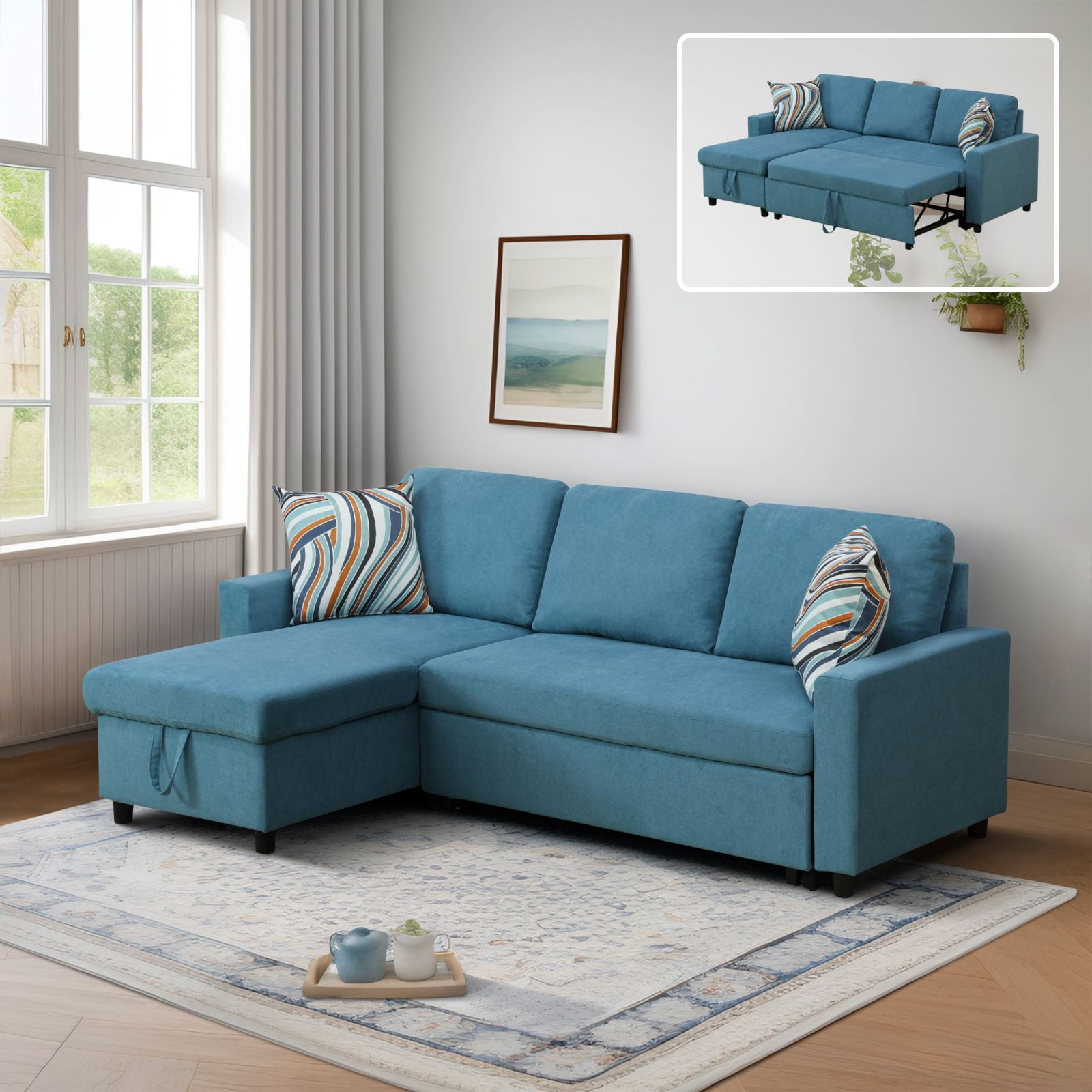 Pull Out Sofa Bed with Storage Chaise, L Shape Sectional Couch Bed Sleeper Sofa with 2 Pillows for Living Room, Blue