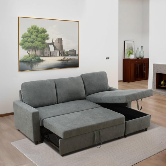 Pull Out Sofa Bed with Storage Chaise, L Shape Sectional Couch Bed ...