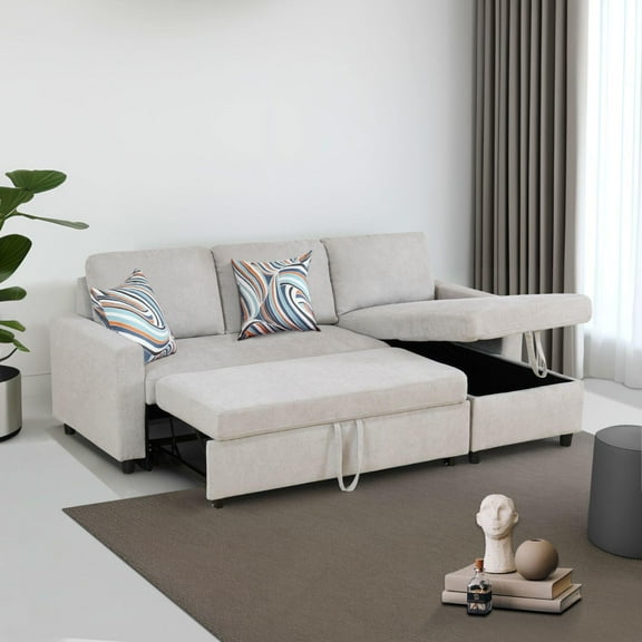 Pull Out Sofa Bed with Storage Chaise, L Shape Sectional Couch Bed Sleeper Sofa with 2 Pillows for Living Room, Light Grey