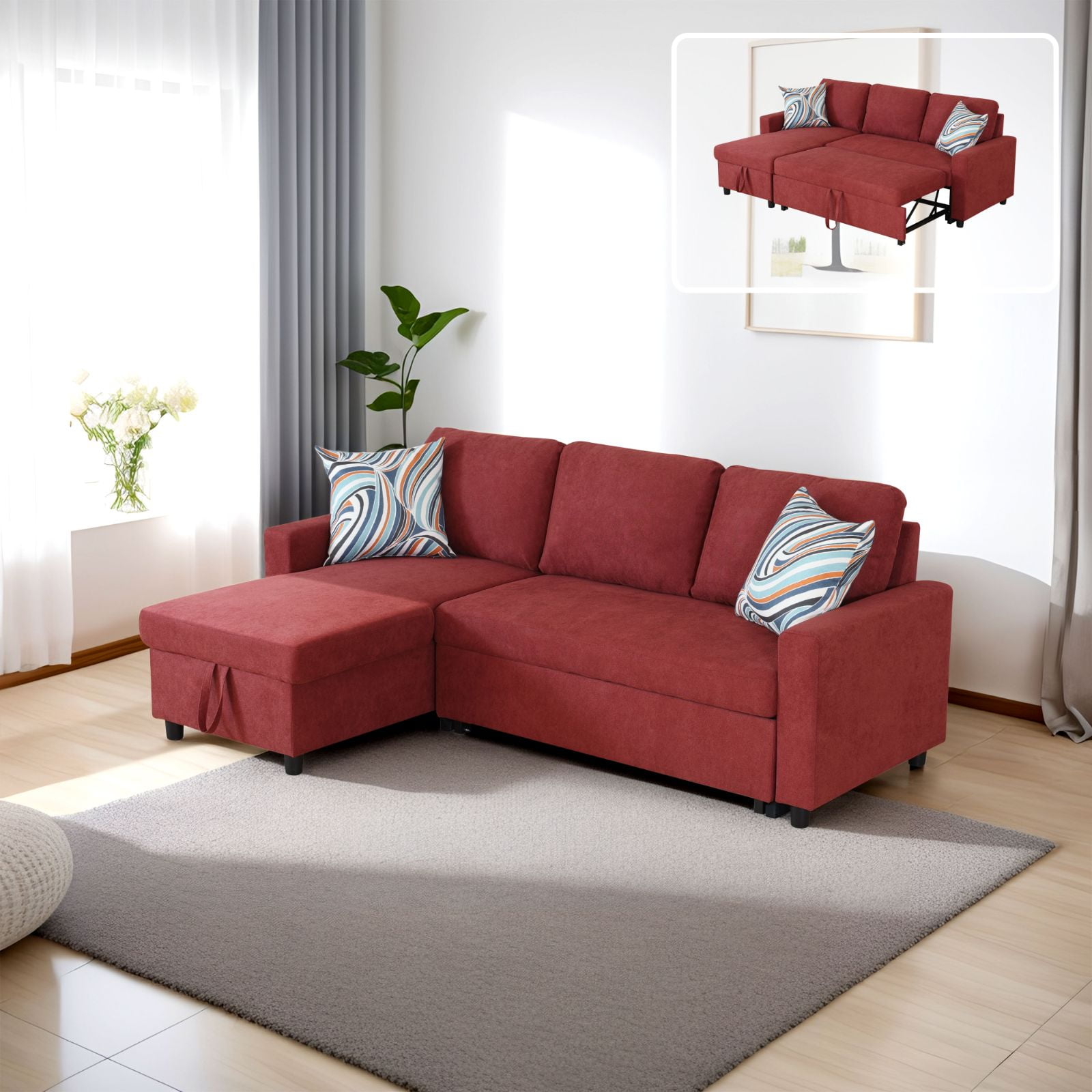 Pull Out Sofa Bed with Storage Chaise, L Shape Sectional Couch Bed ...