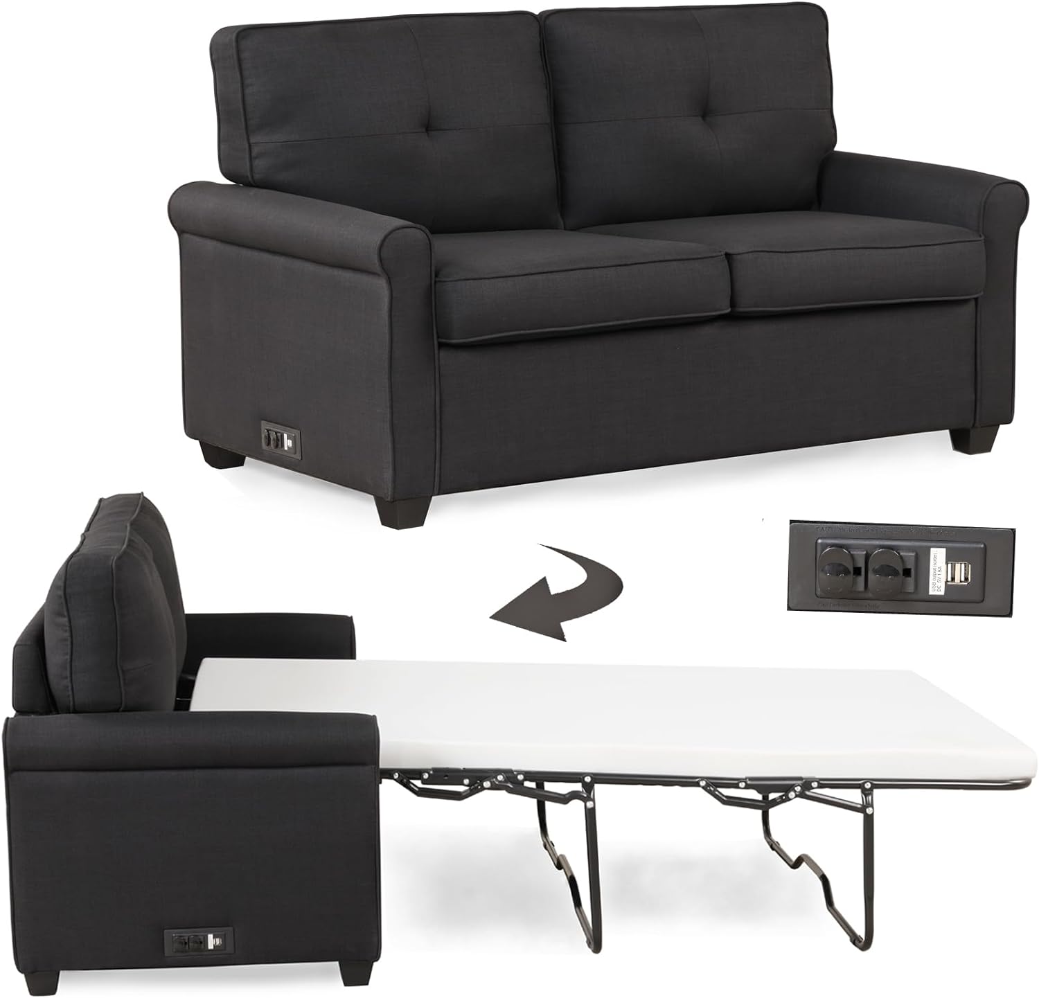 Pull Out Sofa Couch, S Futon Sleeper Bed with 2 USB Ports, Convertible