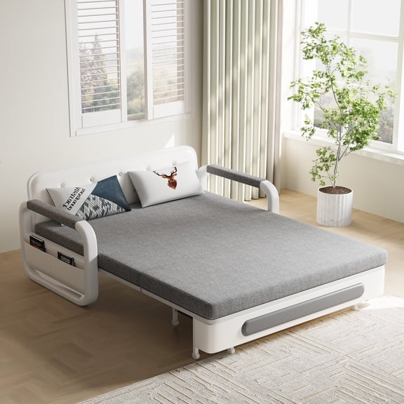 Pull-Out Sofa Daybed with Trundle, Versatile Futon Couch with sleeping function and storage space, sofa bed for small rooms and living rooms, dark grey and white (50.3")