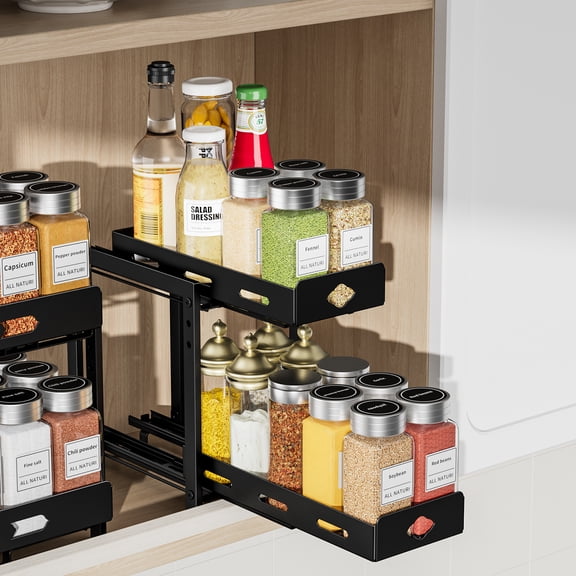 Pull Out Spice Rack Organizer for Cabinet, 2-Tier Cabinet Spice Rack Organizer, Height Adjustable Vertical Spice Rack for Kitchen Cabinet (5.3''Wx10.8''Dx9.2''H, Metal Black)