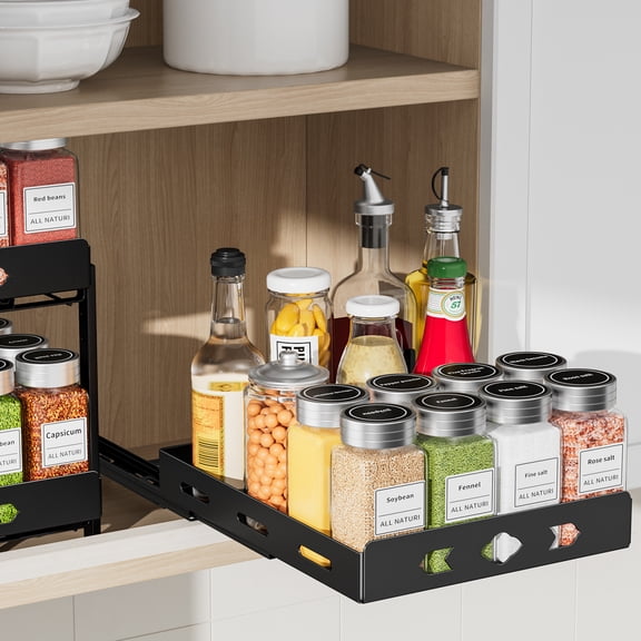 Pull Out Spice Rack Organizer for Cabinet, Heavy Duty-Slide Out Spice Rack, Vertical Spice Rack for Kitchen Cabinet and Pantry (8.4''Wx10.5''Dx2.8''H, Metal Black)