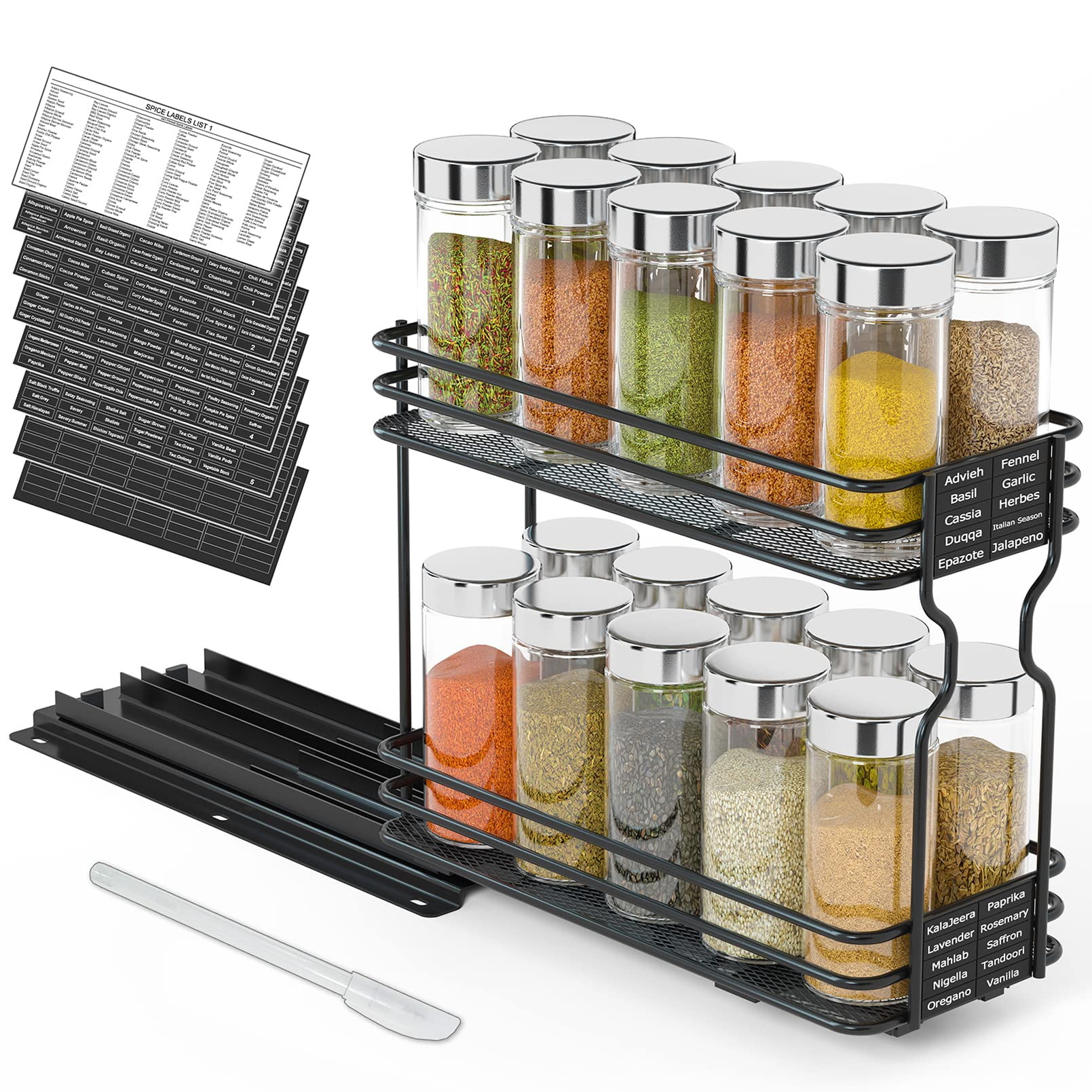 Pull Out Spice Rack Organizer For Cabinet  Heavy Duty Slide Seasoning Kitchen With Labels 4.5" W X10.75 D X8.5 H 1 Drawer 2-tier
