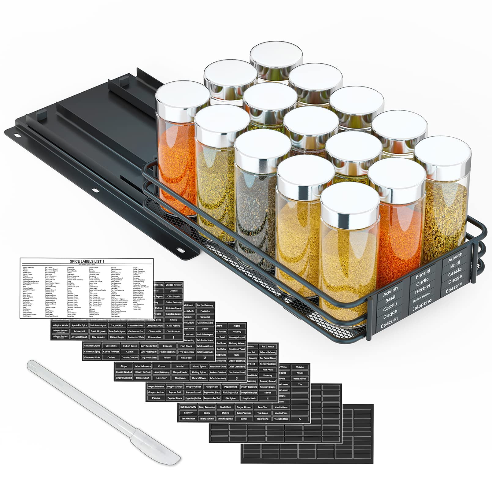Pull Out Spice Rack Organizer For Cabinet  Heavy Duty Slide Seasoning Kitchen With Labels And Chalk Marker 6.5" W X10.75 D X2.5 H 1 Drawer 1-tier