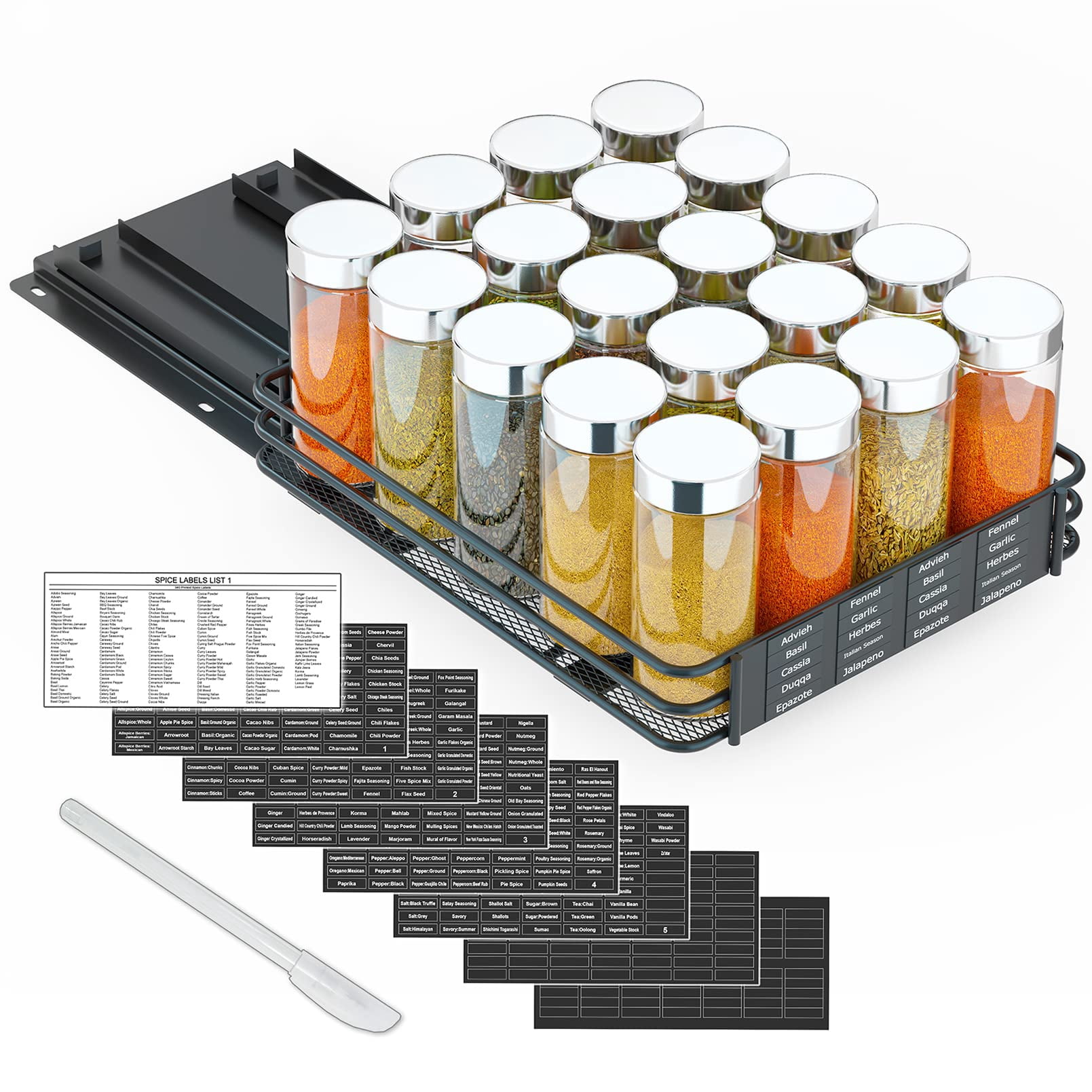 Pull Out Spice Rack Organizer For Cabinet  Heavy Duty Slide Seasoning Kitchen With Labels And Chalk Marker 8.5" W X10.75 D X2.5 H 1 Drawer 1-tier