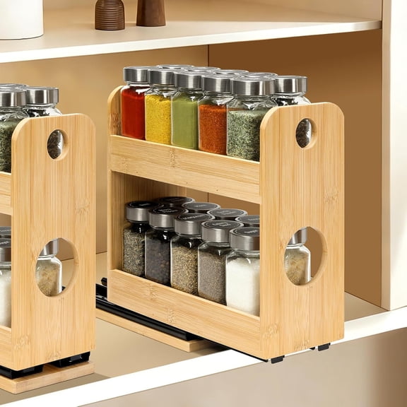 Pull Out Spice Rack Organizer for Cabinet 2-Tier Vertical Bamboo Slide Out Seasoning Organization for Kitchen Pantry