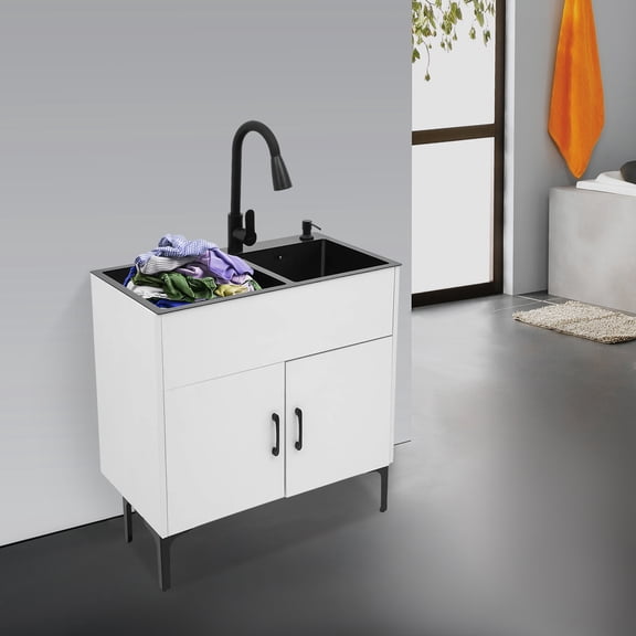 Pull-Out Sprayer Faucet Utility Sink & Stainless Steel Laundry Sink with Cabinet 75*41cm