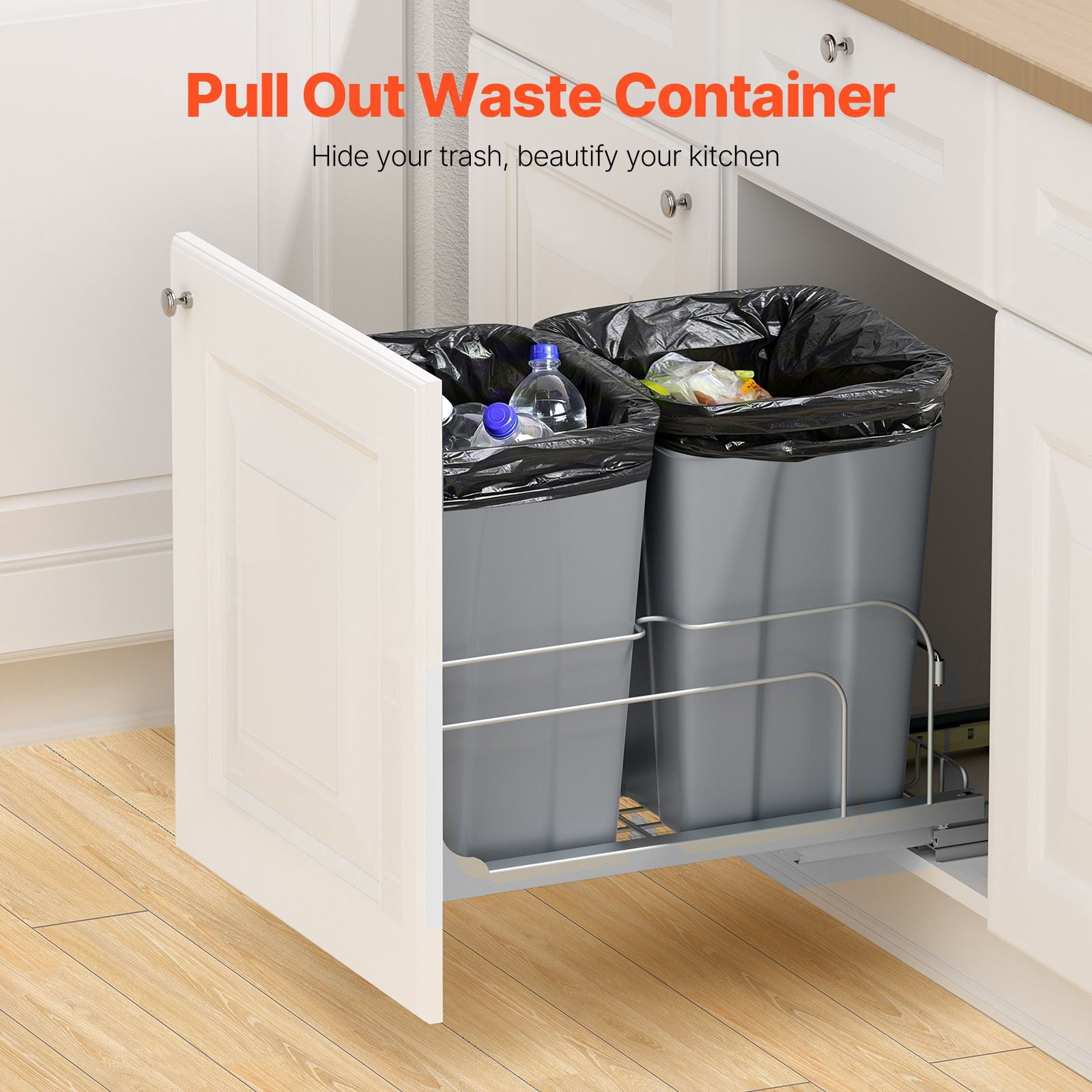 Pull-Out Trash Can, 27 QT x2 Double Under Mount Kitchen Waste Container ...