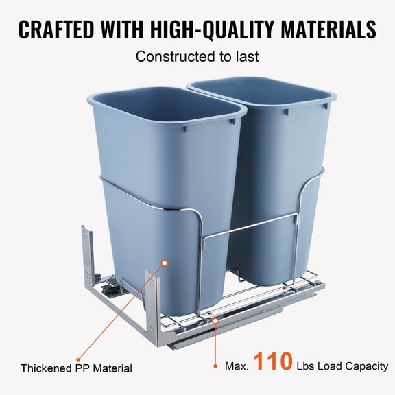 Pull Out Trash Can 35Lx2 Double Bins 110Lbs Load Capacity Heavy Duty Iron Under Mount Kitchen Waste Container with Slide Door Mounting Kit Grey