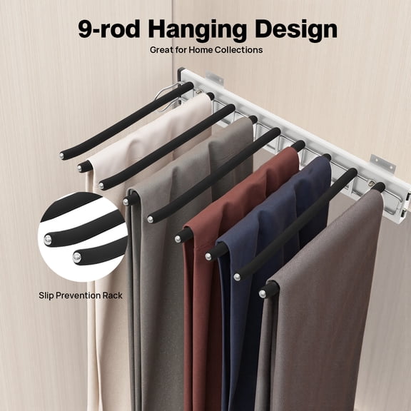 Pull Out Trousers Rack, Sliding Pants Rack, 9-rod Side Mounted Trouser Hanger(Black, Silver), Max. Load Capacity: 14-16kg/30.86-35.27 lbs