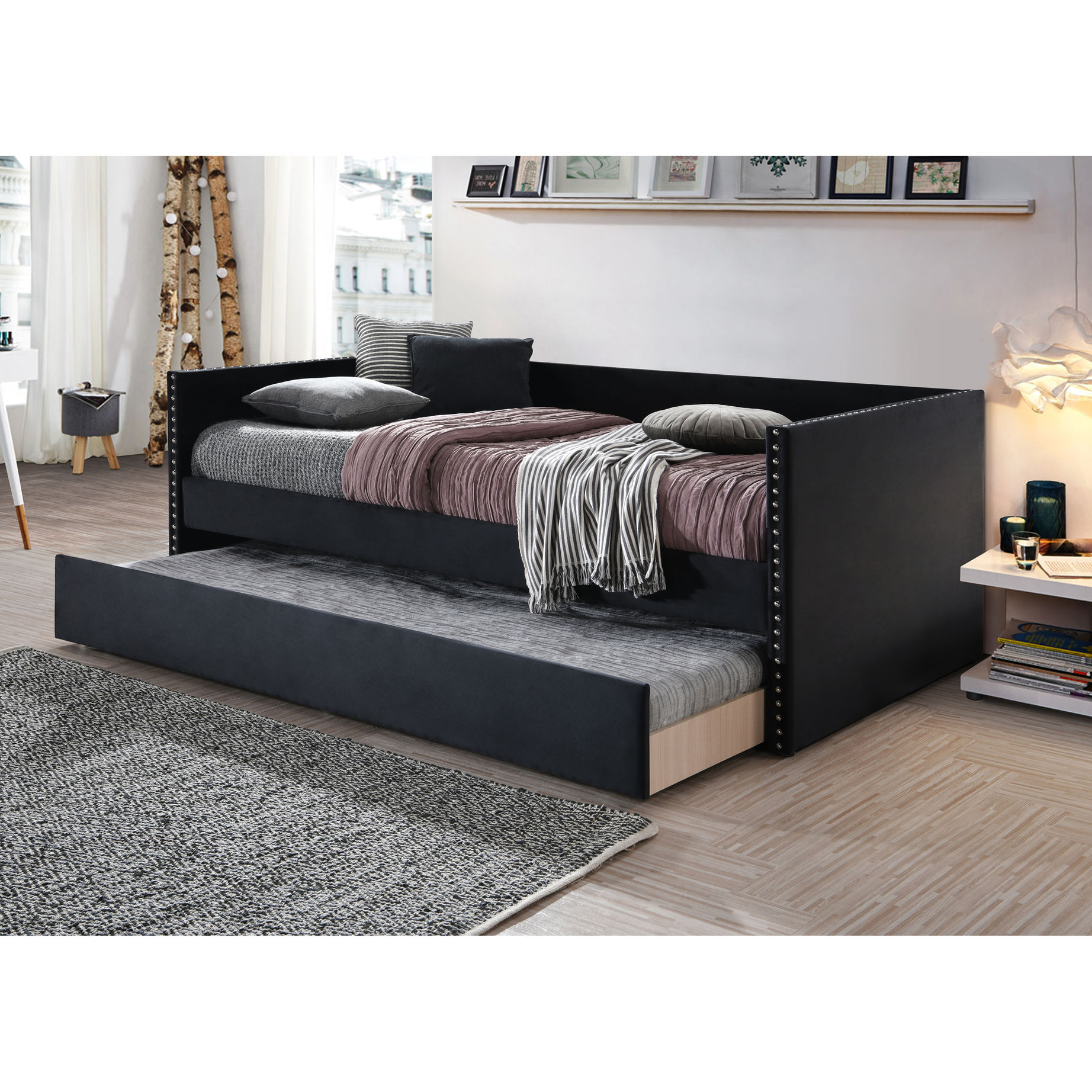 Pull-Out Trundle Function + Black Modern Daybed”-“Guest Stays/Lounging