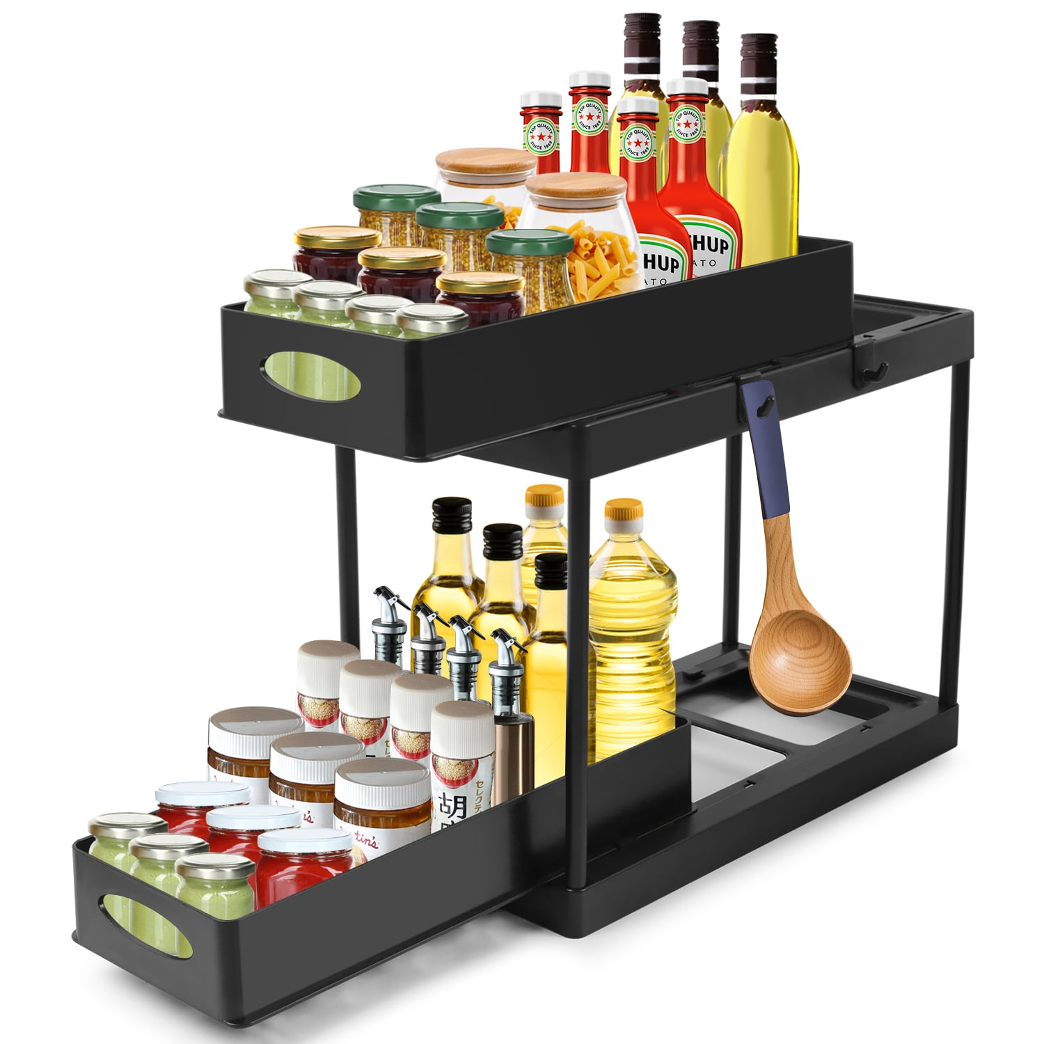 Pull Out Under Sink Cabinet Organizer, 2-Tier Sliding Storage Drawer Basket Organizer for Kitchen Bathroom with Hooks