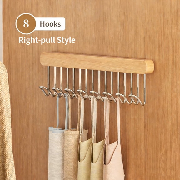 Pull-Out Wall Mounted Hanger Rack | Sliding Belt & Bra Organizer with 8 Hooks | Solid Wood & Stainless Steel | For Entryway, Bathroom, Closet