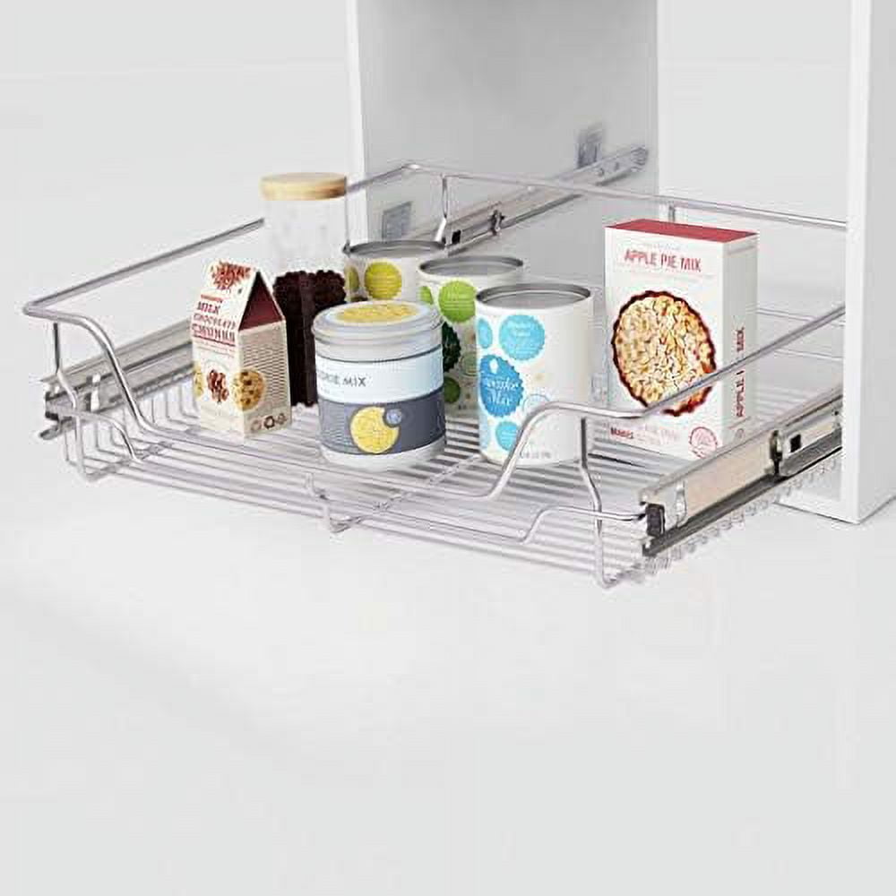 Pull out Cabinet Organizer Fixed with Adhesive Nano Film,Heavy Duty Slide  out Pantry Shelves Drawer Storage,Sliding Mesh Cabinet Basket with Handle