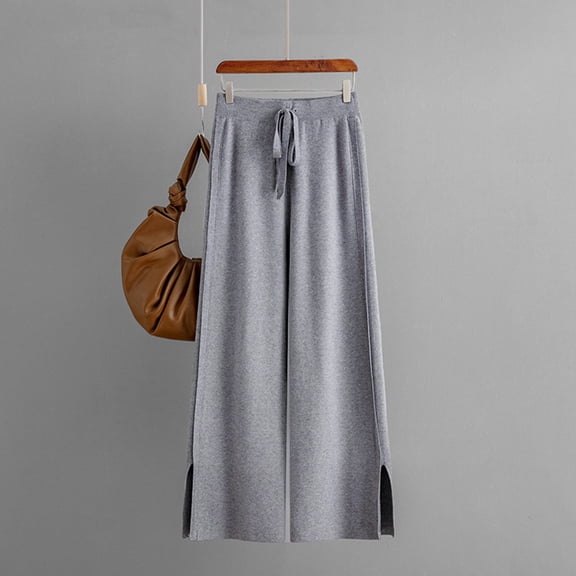 Pull on Palazzo Pants for Women High Waisted Knitted Wide Leg Pants Straight Leg Side Slit Pants Drawstring Elastic Waist Palazzo Pants Pull On Stretchy Wide Leg Pants Casual Soft Trousers Gray