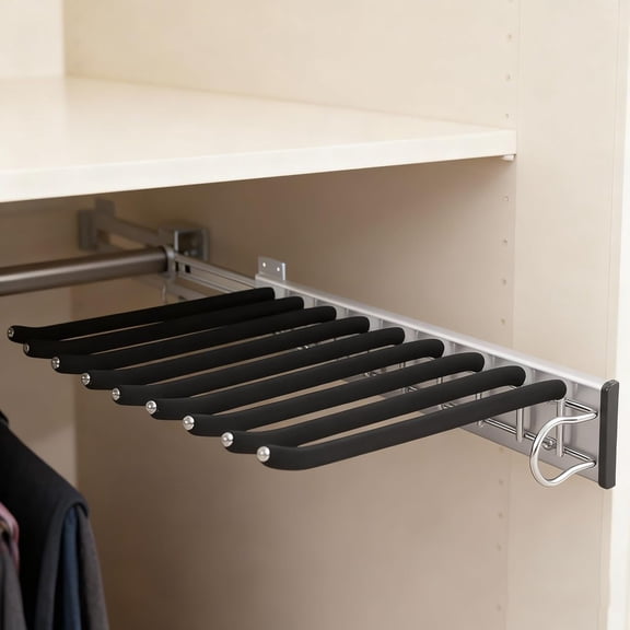 Pull Out Pants Rack Right Side Mount Pants Rack for Closet Trousers Hanger Organizer with 9 Arms Retractable Space Saving Closet System for Wardrobe, 12.83x18.11in (Right Installation)