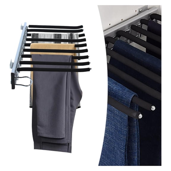 Pull Out Pants Rack Trousers Hanger, 9-Arm Steel Jeans Pants Hangers for Closet, Side Mounted Clothes Hanger Bar, Space Saving Pants Clothes Organizers and Storage (Left Side Mounted)