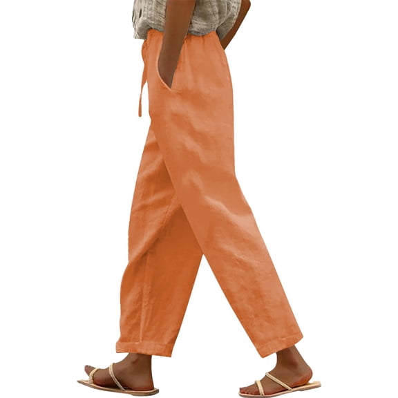 Pull on Pants for Women, Comdrip Women Solid Straight Solid Elastic Pants Long Linen Women Waist Cotton Casual Slit Trouser Legs Pants Women's Pants Casual orange 2XL
