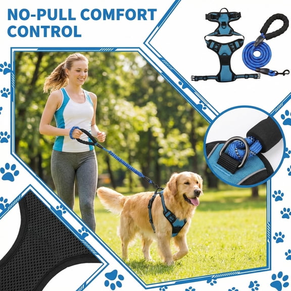 No Pull Pet Dog Harness and Leash Set, Shock-Absorbing Back and Chest Strap for Dogs, Anti-Tugging Adjustable Walking Vest for Outdoor Training, Valentines Day Gifts for Pet Lovers, Blue Size:S