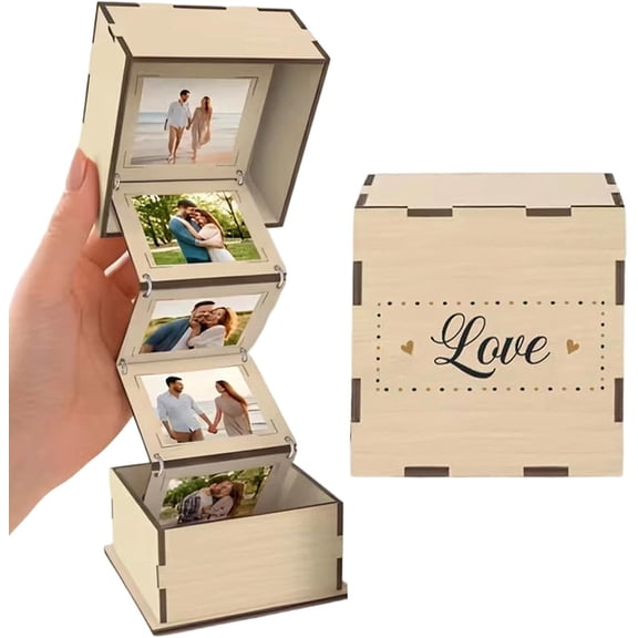 Pull Out Photo Box - Wooden Foldable Keepsake, Accordion Photo Display Box with Retro Magnetic Closure, Creative Picture Album, Personalized Memory Showcase for Bookshelf Nightstand