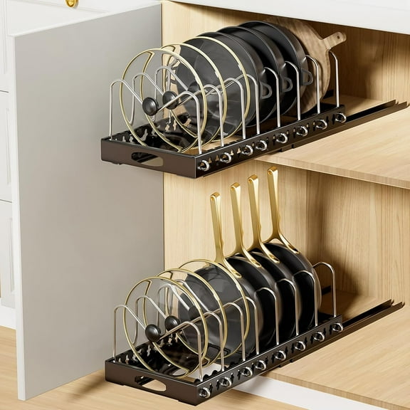 Pull Out Pots and Pans Organizer Under Cabinet, 2 Pack Pots and Pans Organizer, Sliding Lid Holder and Pan Rack in Kitchen, Slide Out inside Cabinet Storage for Pot Lid, Bakeware, Dishes, Black