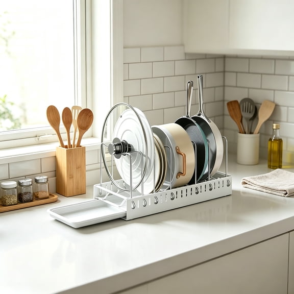 Pull Out Pots and Pans Organizer Under Cabinet, Sliding Pot Lid Holder & Cutting Board Rack with Adjustable Dividers, White Kitchen Cookware Storage Rack