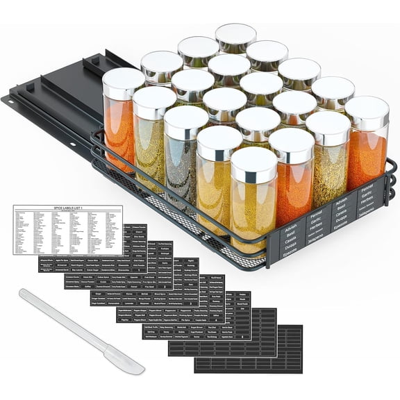 Pull Out Rack Organizer for Cabinet, Heavy Duty Slide Out Seasoning Kitchen Organizer, Cabinet Organizer, with Labels and Chalk Marker, 8.5" W x10.75 D x2.5 H, 1 Drawer 1-Tier