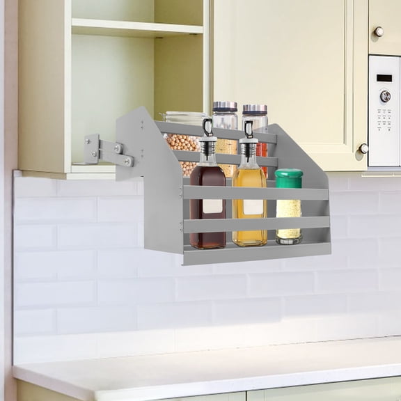 Pull Down Shelf, Cabinet Pull Down Organizer, Pull Out Spice Rack W/ 22LB Capacity, Smooth Gliding Shelves for Spices, Cans & Utensils-Easy Install Grey Modern Design